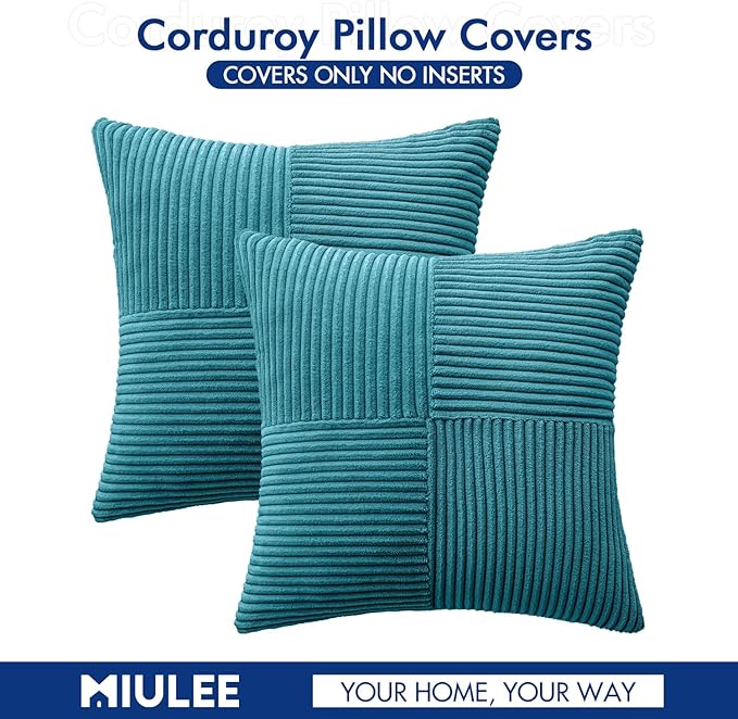 MIULEE Teal Decorative Throw Pillow Covers 16x16 Inch for Couch Bed Sofa Pack of 2 Boho Farmhouse Throw Pillows Soft Cross Corduroy Patchwork Textured Cushion Cases
