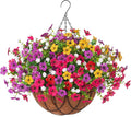 Artificial Silk Flowers Hanging Baskets Outdoors Indoors, Daisy with Eucalyptus Leaves Arrangement for Garden Yard Spring Summer Decor Faux Green Plant Metal Coconut Lining