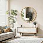 Circle Wood Mirrors for Wall, Wavy Round Bathroom Scalloped Mirror Wooden Frame 24 Inch for Living Room Farmhouse Bedroom Hallway Entryway Living Room with Shatterproof Glass Wall Mounted