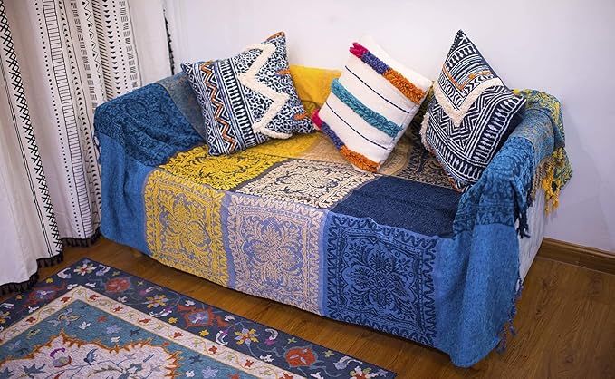 AIVIA Bohemian Throws Blanket, Chenille Woven Colorful Recliner Chair Couch Throw Futon Furniture Cover Sofa Slipcover Bed Blanket w/Boho Fringe - 87" x 103" Large Oversized, Teal Yellow