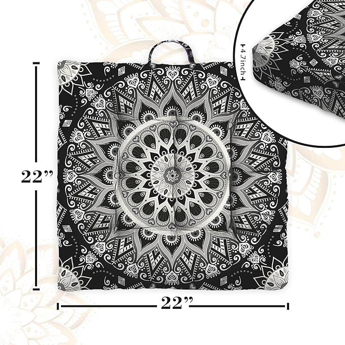 Mandala Meditation Cushion, Boho Meditation Mat, Meditation Pillows for Sitting on Floor, Cushions for Sitting in Home and Outdoor, Square Floor Pillow Cushion Seating for Yoga Accessories 22'' X 22''
