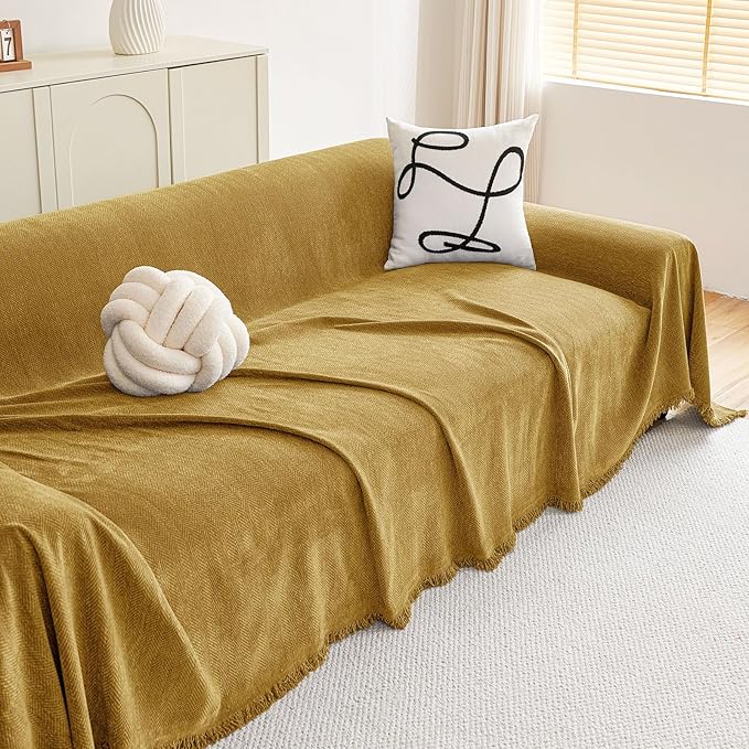 hyha Couch Cover for Dogs, Boho Sofa Covers for 3 Cushion Couch Washable, Chenille Sofa Slipcover for Pets, Soft Loveseat Sectional Couch Throw Blankets with Tassels (Yellow, 71x134 Inch)