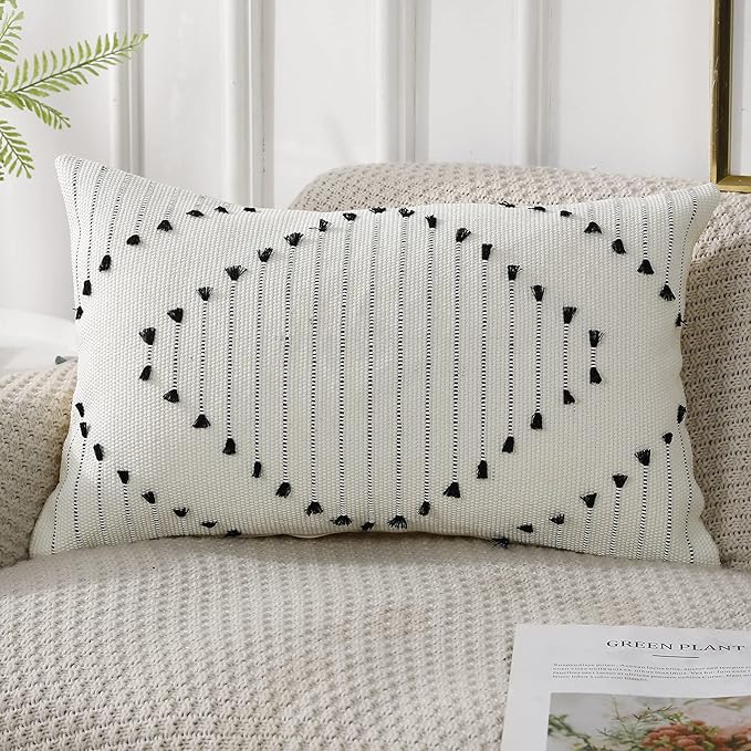 PANOD Knitted Boho Tufted Throw Pillow Covers with Tassel 12x20 inch, Decorative Indoor Outdoor Bohemian Lumbar Cushion case Pillowcase for Couch Sofa Livingroom car Farmhouse Black and Cream White