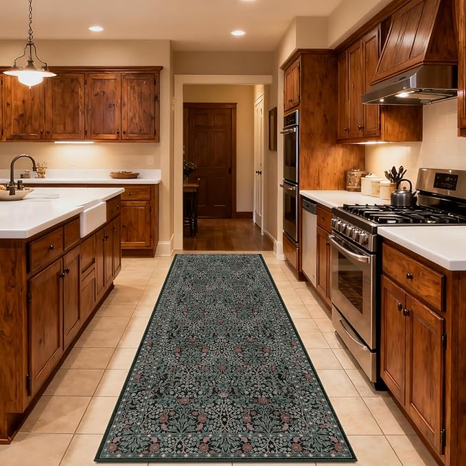 Washable 2'6" x 8' Runners for Hallways, Non Slip Long Floor Runner for Kitchen, Entryway Indoor, Stain Resistant Rubber Backing Floral Décor Rug (Dark Green)