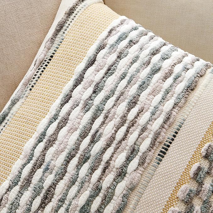 ANRODUO Pack of 1 Boho Decorative Throw Pillow Covers 18x18 Farmhouse Cushion Case Striped Chenille Pillow Cases Square Pillow Covers Accent Neutral Pillowcase for Sofa Couch Bed, Gray Blue Stripe