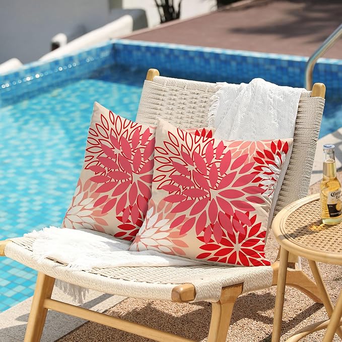 DFXSZ Red Pink Flower Pillow Covers 18x18 Inch Set of 2 Valentines Day Pillow Cases Outdoor Waterproof Decor for Living Room Sofa Patio Funiture Garden Floral Polyester pillowcovers 012G18