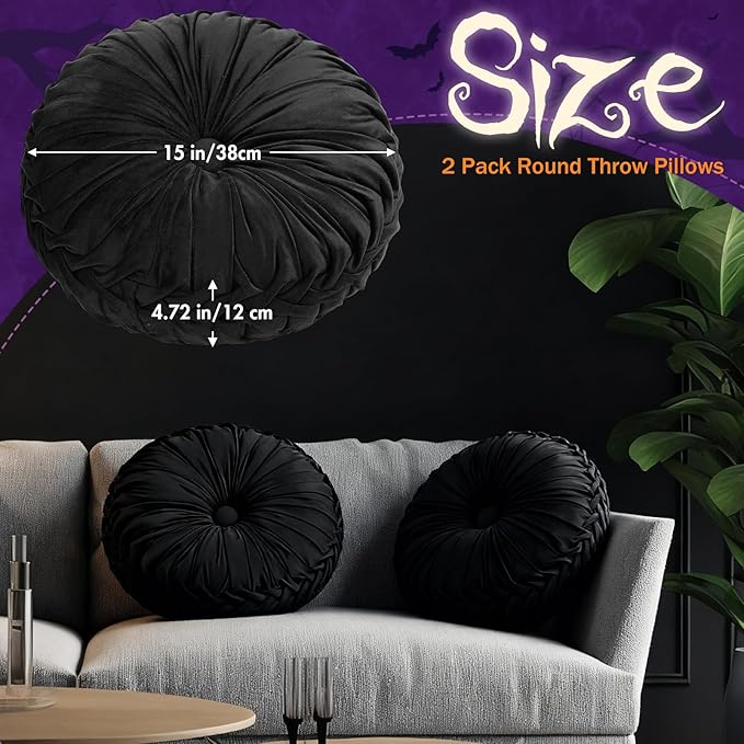 2 Pcs Round Throw Pillows 15 Inch Decorative Velvet Pleated Pumpkin Pillows Boho Floor Pillow with Center Button for Living Room Couch Chair Bed Sofa Home Decoration (Black)