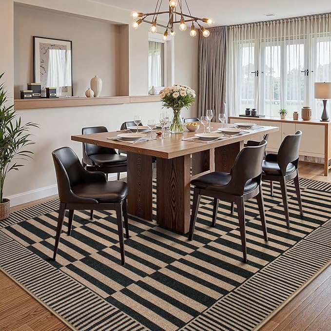 Beevia Striped 5x7 Black Jute Rug, Washable Outdoor Indoor Carpet for Living Room Dining Room, Farmhouse Modern Non-Slip Non-Shedding Rug for Patio Deck Porch Decor (Black, 5x7ft)