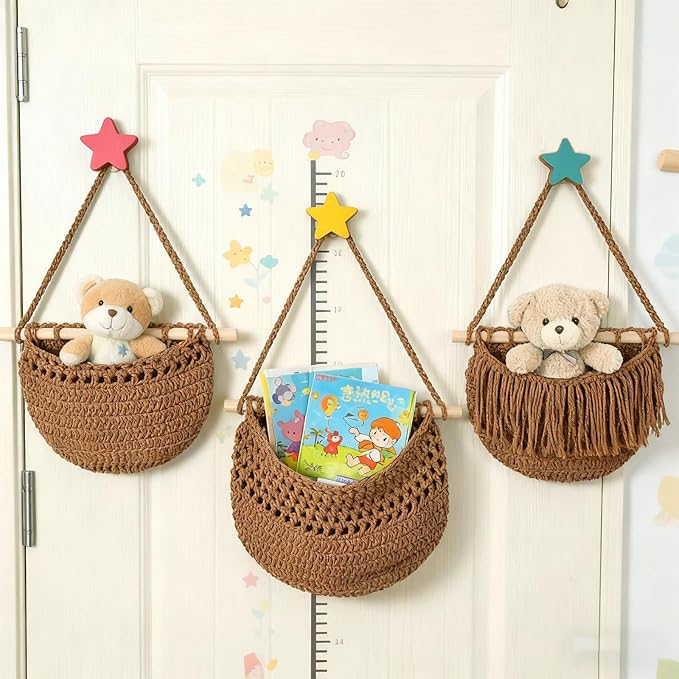 Halidali 3 Tier Hanging Fruit Baskets for Kitchen, Boho Cotton Rope Handwoven Vegetable Hammock Produce Storage Wall Mounted Large Organizing Basket for Farmhouse Decor, Onion, Potato (Caramel)