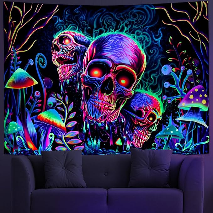 Amonercvita Blacklight Skull Tapestry Trippy Skeleton Wall Tapestries UV Reactive Neon Plants Trees Tapestries Aesthetic Galaxy Space Tapestry Wall Hanging for Bedroom Decor(H70.8×W92.5 inches)