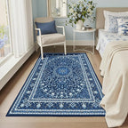 Lessymo 3 x 5 Area Rugs for Living Room- Machine Washable Area Rugs Boho Faux Wool Low Pile Area Rug for Bedroom Floral Medallion Vintage Rugs with Non-Slip Rubber, Kid & Pet Friendly,Blue White
