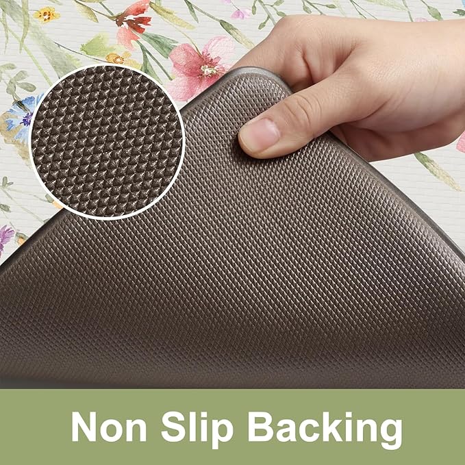 KIMODE Kitchen Mats Cushioned Anti Fatigue, Summer Farmhouse Flower Kitchen Rugs Sets of 2, Padded Kitchen Floor Mats, Non Slip Standing Mats for Sink Laundry Office Desk White 20"x59"+20"x32"