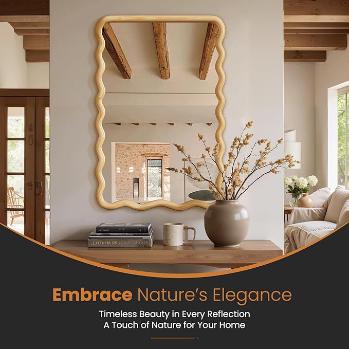 24x36 Wavy Wood Bathroom Vanity Mirror, Boho Wall Mirror with Natural Wood Frame for Over Sink, Entryway, Bedroom