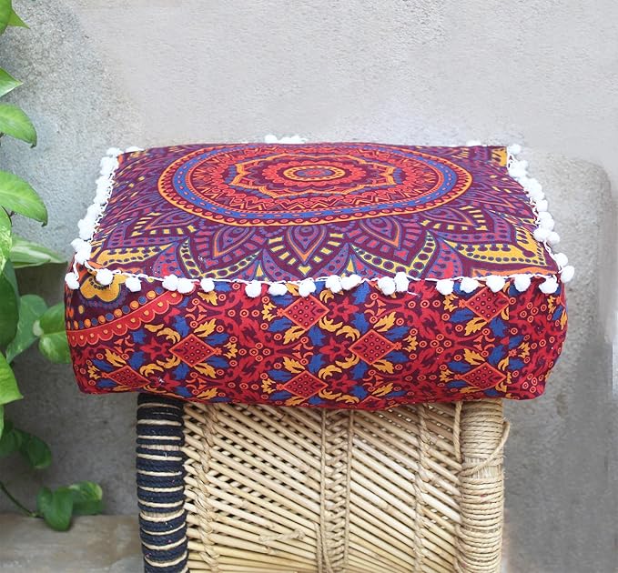 CRAFT KALA Large Hippie Mandala Meditation Floor Ottoman Pillow Cushion Pouf Cover Square Poufs Bohemian Circle Floor Cushion Case Outdoor Fireplace Yoga Living Room Decor Cover New Orange, 18" Square