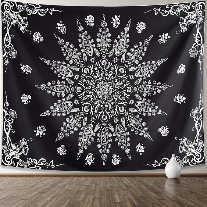 KJHL Floral Bohemian Tapestry Black and White Flower Aesthetic Tapestry Mandala Room Decor Wall Hanging Boho Tapestries for Bedroom Dorm(Black, 59" x 79")