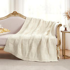 Amélie Home Checkered Chenille Knit Throw Blanket for Couch, Classic Texture Decorative Soft Blanket for Sofa, Chair & Bedroom, 60"x80", Ivory