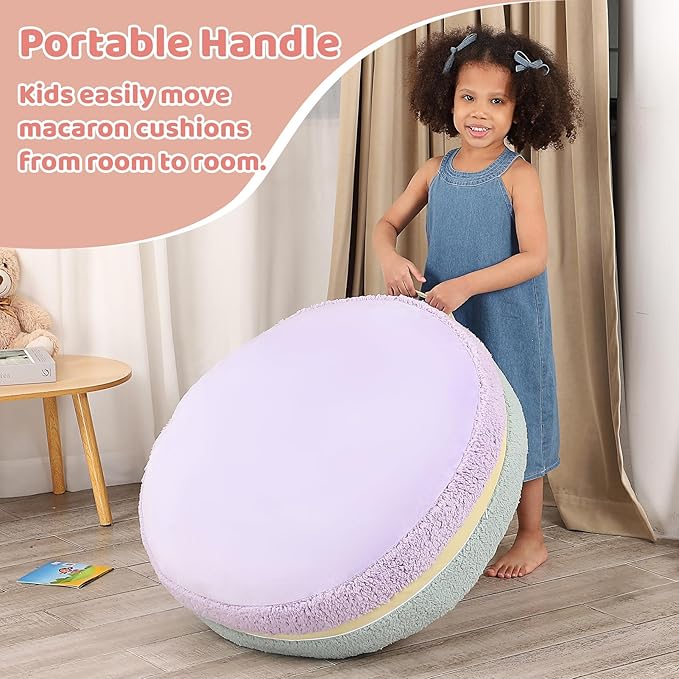 Macaron Bean Bag Chair for Kids and Teens, Comfy Sherpa Pouf Ottoman for Kids and Adult, 27.5"×27.5"×13.5", Purple and Green