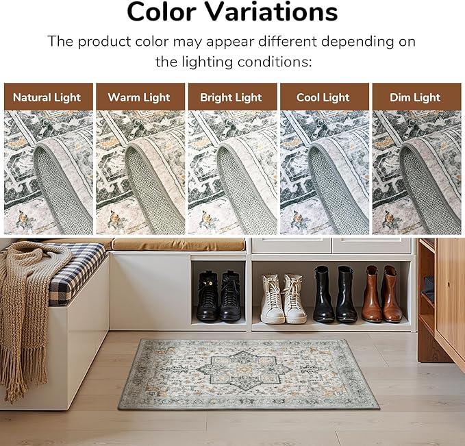 Lessymo Washable 2×3 Small Area Rugs for Entryway Bathroom, Soft Kitchen Rug Non-Slip Carpet Indoor Door Mat for Floor, Vintage Boho Low Pile Rugs for Entry Bedroom Nursery Home, Grey/Brown