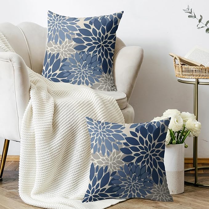 Light Blue Grey Gray Pillow Covers 16X16 Inch Set of 2, Dahlia Flower Spring Summer Floral Cream Decorative Throw Pillow Covers Outdoor Modern Farmhouse Cushion Case for Home Couch Sofa Bed Decor
