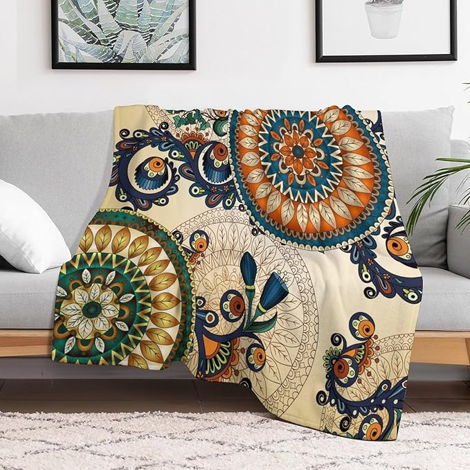 Bohemian Flower Throw Blanket Boho Mandala Floral Flowers Print Pattern Blanket for Sofa Bed Couch Chair Or Dorm 50"x60"