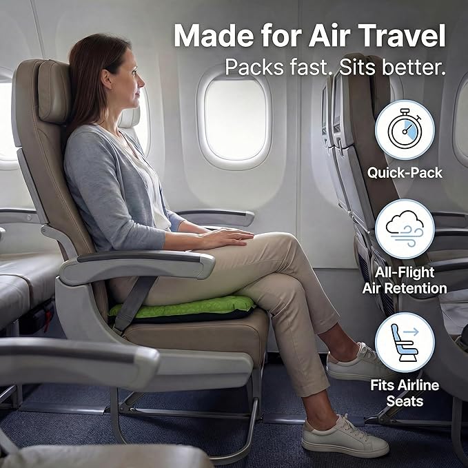 Whispering Winds Inflatable Seat Cushion - Comfortable Blow-up Foam Pad for Airplane, Travel, Stadium, Outdoors, Camping, Car & More