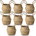 Qunclay 8 Pcs Woven Seagrass Baskets Belly Basket Folding Boho Natural Plant Pot with Handles Round Decorative Wicker Large Indoor Planter for Home Outdoor Tree Planters Decor (Xs,7.9''dx6.3''h)