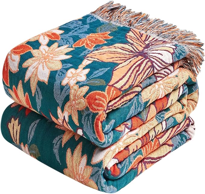 Boho Throw Blanket - 100% Cotton Ultra Soft Muslin Blanket, 90"x108" Lightweight Floral Framhouse Bedding Spring Blanket for Bed, All Season Green Bohemian Bedroom Home Decor Quilt