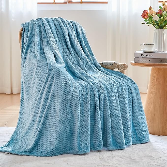 NEWCOSPLAY Super Soft Queen Blanket Light Blue Premium Silky Flannel Fleece Leaves Pattern Lightweight Bed Blanket All Season Use (Light Blue, Queen(90"x90"))