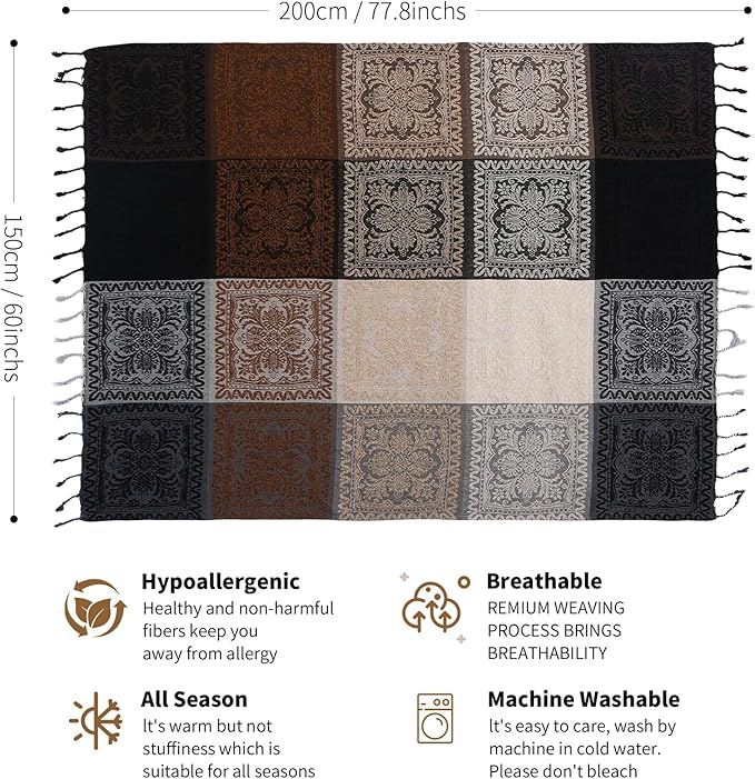 Boho Throw Blanket, Chenille Jacquard Tassels Throw Blankets for Bed Couch Soft Chair， Bohemian Fringe Tassels (Black, Large 86 * 102Inches)