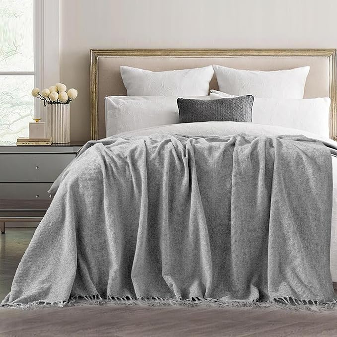 Chenille Throw Blanket for Couch with Tassels,60"X88" Soft Lightweight Knitted Boho Decorative Blankets for Bed and Sofa,Light Grey