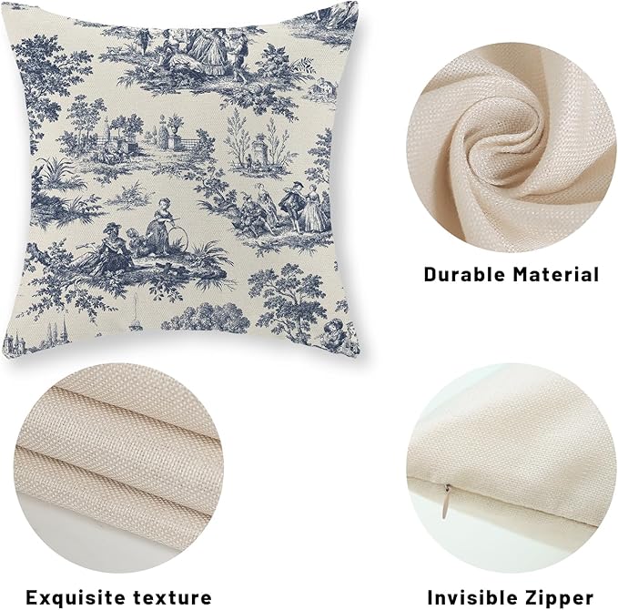 French Country Pillow Covers 20x20 Set of 2 Vintage Toile Blue Throw Pillows French Country Decor Outdoor Pillowcase Rustic Cottage Linen Decorative Farmhouse Cushion Case for Couch Bed Sofa