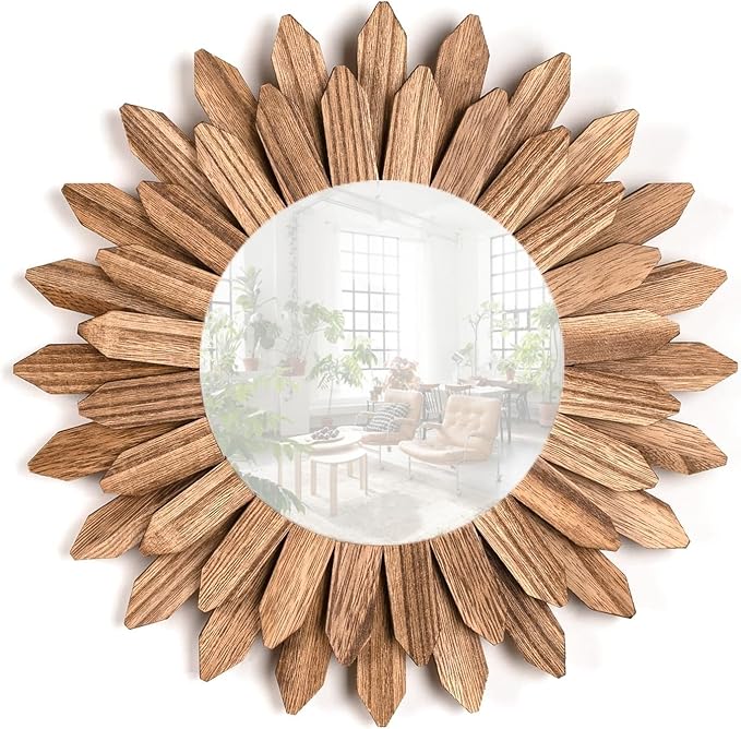 OYPEIP 12” Wall Boho Mirror Rustic Wood Farmhouse Decorative Sunburst Mirror for Entryway Bedroom Living Room Carbonized Black,Glass Decor