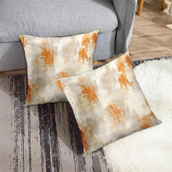 Britimes Throw Pillow Covers Modern Home Art Decor, 18 x 18 Inches Set of 2 Abstract Oil Painting Pillowcases for Bedroom, Living Room, Cushion Couch Sofa, Abstract Beige Grey Orange
