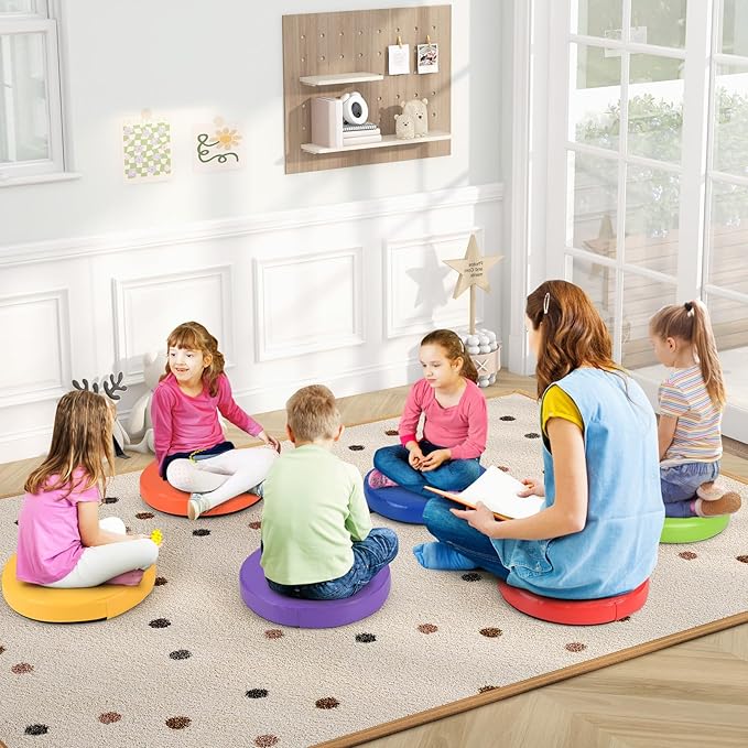 HONEY JOY 6PCS Floor Cushions for Kids, 14" Length Flexible Alternative Portable Classroom Seating with Handles, Easy to Clean, Thick Soft Foam Comfy Round Seats for Daycare Preschool (Colorful)