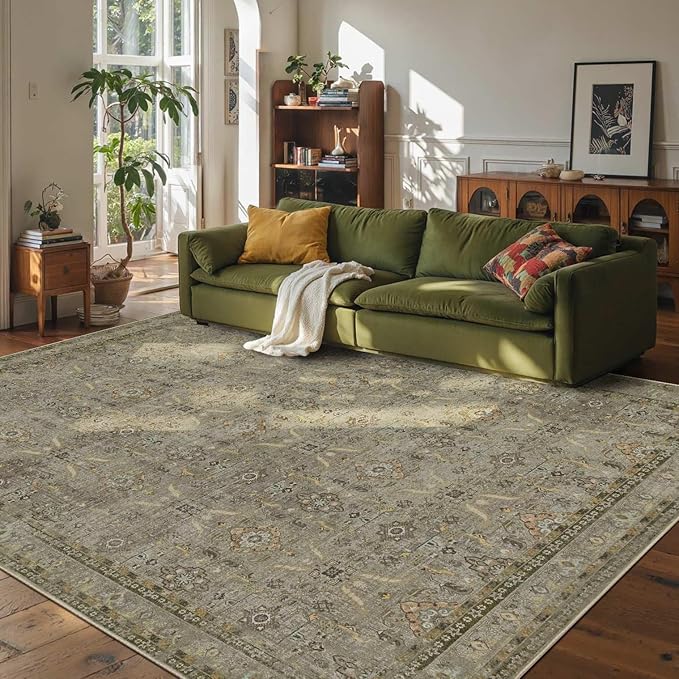 8x10 Area Rugs for Living Room Bedroom, Large Washable Rug, Vintage Floral Boho Rug, Non Slip & Low Pile Faux Wool Thin Carpet for Indoor Dining Room and Kids Room(Olive Brown 8x10ft)