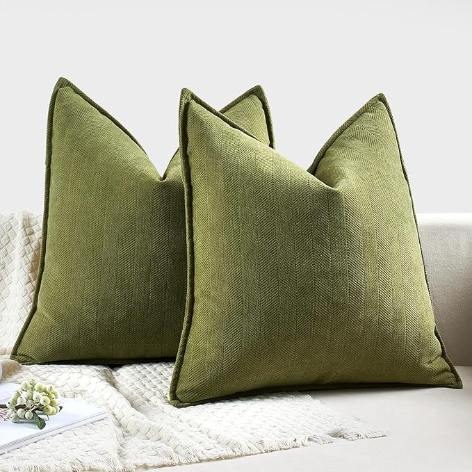 MIULEE Pack of 2 Moss Green Decorative Pillow Covers 22x22 Inch Soft Chenille Luxurious Couch Throw Pillows Farmhouse Cushion Covers Euro Shams Elegant Design for Sofa Bed Living Room Spring Decor