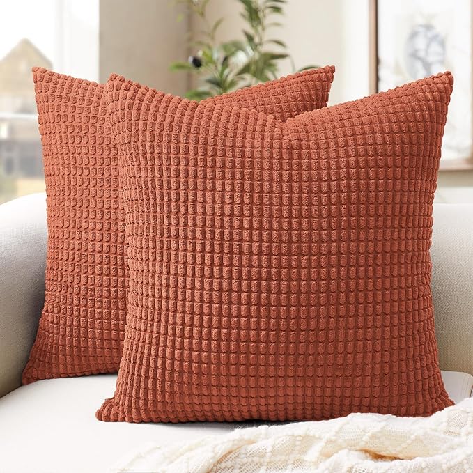 Softalker Fall Decorative Throw Pillow Covers 16 x 16 Inch, Set of 2, Thanksgiving Autumn Harvest Super Soft Corduroy Boho Striped Pillowcases for Couch Sofa Living Room Bed Home Decor, Burnt Orange