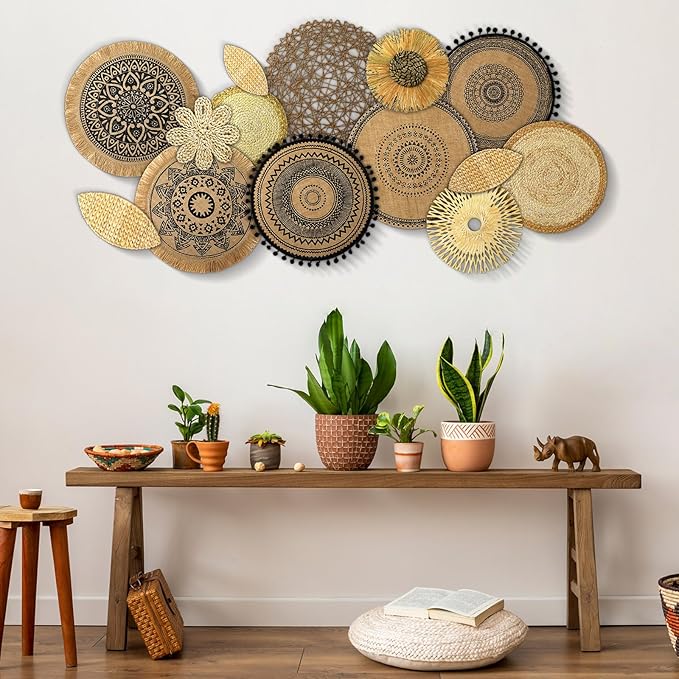 Xuhal 15 Pcs Boho Wall Basket Decor Handcrafted Seagrass Woven Wall Basket Rustic Round Woven Hanging Art for Home Farmhouse Kitchen Table Living Room(Mixed Colors Style)