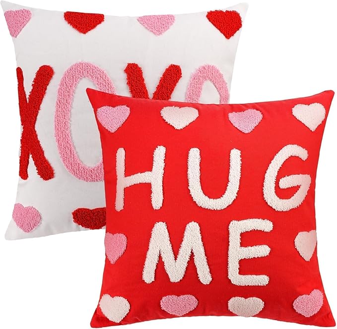 2 Pcs Tufted Valentine's Day Pillow Covers 18'' Red White Heart Throw Pillow Cases 3D Soft Plush Faux Fur Wool Couch Cushion Case for Chair Sofa Bedroom Living Room Home Decor