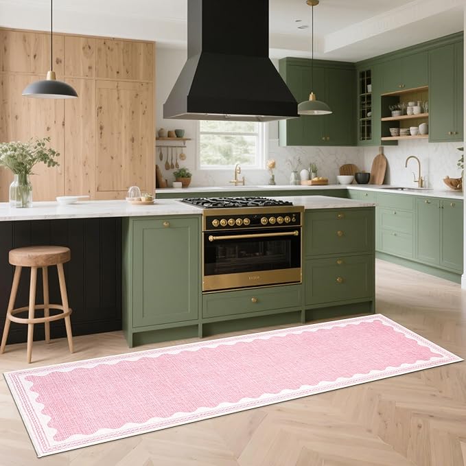 GarveeHome 2x6 Runner Rug for Hallway Washable Kitchen Rugs Non Slip Solid Pink Modern Minimalism Soft Low-Pile Scalloped Indoor Carpet for Entryway Laundry Room Floor Mats with Rubber Back