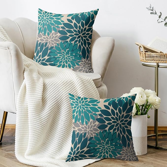 Teal Grey Gray Pillow Covers 16X16 Inch Set of 2, Spring Modern Geometry Dahlia Floral Print Decorative Throw Pillow Covers Outdoor Farmhouse Cushion Case for Couch Sofa Bed Decor
