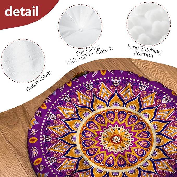 Mandala Meditation Cushion, Boho Meditation Mat, Meditation Pillows for Sitting on Floor, Cushions for Sitting in Home and Outdoor, Round Floor Pillows Cushion Seating for Yoga Accessories 22'' X 22''