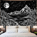 Zussun Black and White Mountain Forest Tapestry for Bedroom Aesthetic Dark Nature Lake Landscape Tapestries Wall Hanging Moon and Stars Wall Tapestry for Living Room Dorm 90 × 68 Inch