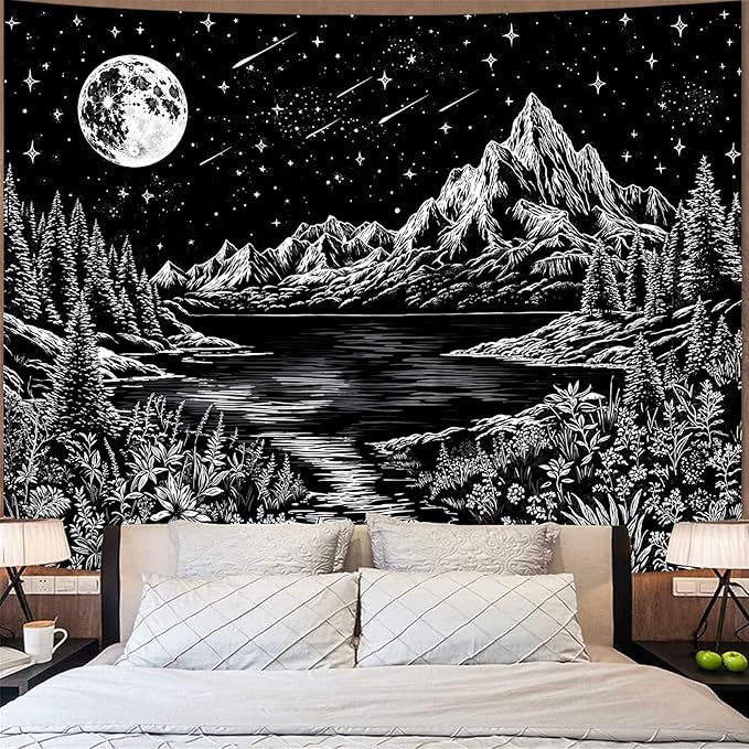 Zussun Black and White Mountain Forest Tapestry for Bedroom Aesthetic Dark Nature Lake Landscape Tapestries Wall Hanging Moon and Stars Wall Tapestry for Living Room Dorm 60 × 44 Inch