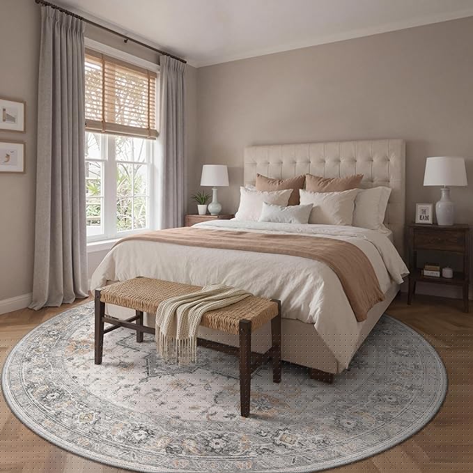 GENIMO 9FT Round Area Rugs for Living Room, Circle Rugs Machine Washable Low Pile, Chenille Non Slip Vintage Rug for Bedroom, Dining Room, Home Office, Light Taupe Brown