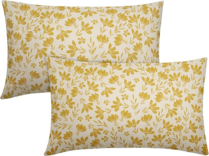 Yellow Floral Pillow Covers 12x20 Set of 2 Vintage Rustic Old Style Cute Small Flower Yellow Cream Print Decorative Outdoor Pillowcases Farmhouse Throw Cushion Case Decor for Couch Sofa Bed