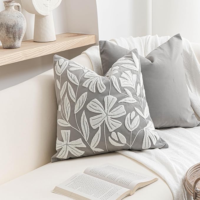 BlissBlush 20x20 Throw Pillow Cover, Square Light Gray Decorative Cushion Cover for Couch Sofa, Embroidered Velvet Farmhouse Accent Pillowcase (Cover Only)