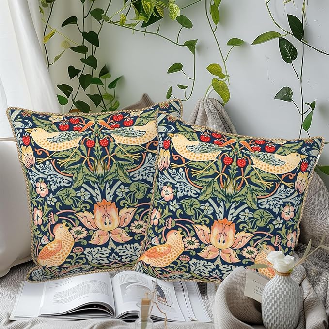 KSLIDS Navy Blue Sage Green Soft Velvet Throw Pillow Covers Set of 2 Red Strawberry Floral Bird Decorative Pillow Covers 16x16 Inch Vintage Chinoiserie Pillow Case for Sofa Couch Farmhouse Home Decor