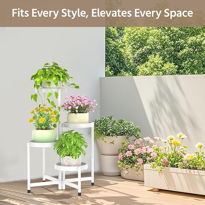 LASZOLA 4 Tiered Plant Stand Indoor Outdoor with Plastic Tray, Corner Folding Tall Flower Display Rack, Modern Plant Holder Shelf for Outdoor Patio Porch Garden Office Living Room, White