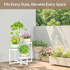 LASZOLA 4 Tiered Plant Stand Indoor Outdoor with Plastic Tray, Corner Folding Tall Flower Display Rack, Modern Plant Holder Shelf for Outdoor Patio Porch Garden Office Living Room, White